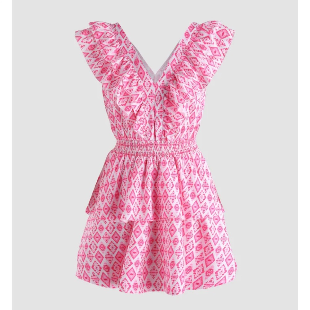 LookSky Pink V-neck All Over Print Ruffle Layer Dress